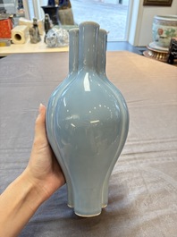 A Chinese claire-de-lune triple-neck vase and a green-glazed 'Meiping' vase, Qianlong mark, 19th C.