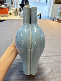 A Chinese claire-de-lune triple-neck vase and a green-glazed 'Meiping' vase, Qianlong mark, 19th C.