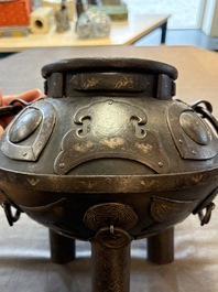An unusual Chinese gold- and silver-inlaid iron censer and cover, Xuande mark, Ming