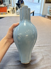 A Chinese claire-de-lune triple-neck vase and a green-glazed 'Meiping' vase, Qianlong mark, 19th C.