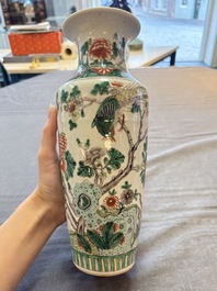 A pair of Chinese famille verte 'warriors' vases and a pair of 'birds among blossoming branches' vases, 19th C.