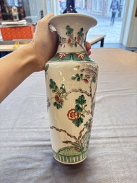 A pair of Chinese famille verte 'warriors' vases and a pair of 'birds among blossoming branches' vases, 19th C.