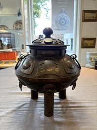 An unusual Chinese gold- and silver-inlaid iron censer and cover, Xuande mark, Ming