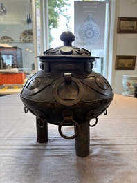 An unusual Chinese gold- and silver-inlaid iron censer and cover, Xuande mark, Ming