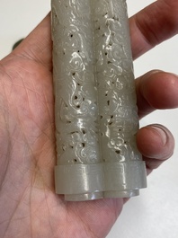 A Chinese reticulated white jade parfumier with spinach-green jade cover and base, Qing
