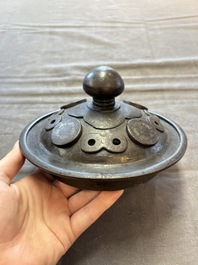 An unusual Chinese gold- and silver-inlaid iron censer and cover, Xuande mark, Ming