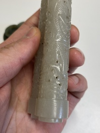 A Chinese reticulated white jade parfumier with spinach-green jade cover and base, Qing