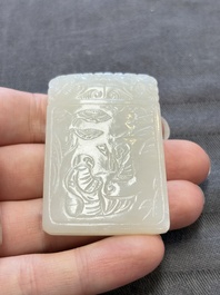 A Chinese white jade 'two sages beneath a pine tree' plaque, Zigang 子岡 mark, Qianlong