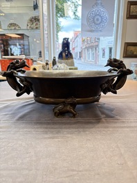 A large Chinese bronze basin with chilong handles, Qianlong mark, 20th C.