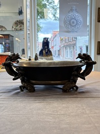 A large Chinese bronze basin with chilong handles, Qianlong mark, 20th C.