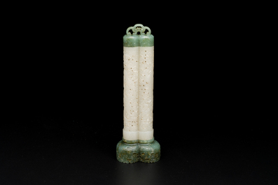 A Chinese reticulated white jade parfumier with spinach-green jade cover and base, Qing