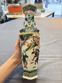 A pair of Chinese famille verte 'warriors' vases and a pair of 'birds among blossoming branches' vases, 19th C.