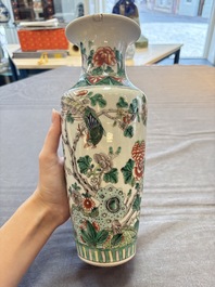 A pair of Chinese famille verte 'warriors' vases and a pair of 'birds among blossoming branches' vases, 19th C.