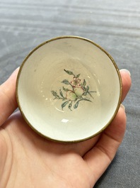 A pair of Chinese yellow-ground Canton enamel covered bowls and two cups, Yongzheng/Qianlong