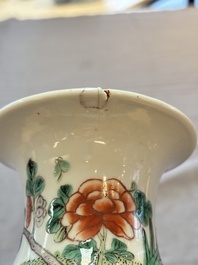 A pair of Chinese famille verte 'warriors' vases and a pair of 'birds among blossoming branches' vases, 19th C.