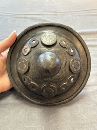 An unusual Chinese gold- and silver-inlaid iron censer and cover, Xuande mark, Ming