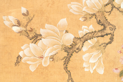 In the manner of Yun Shouping 惲壽平 (1633-1690): 'Pheasant and Peonies', ink and colour on silk
