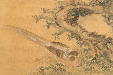 In the manner of Yun Shouping 惲壽平 (1633-1690): 'Pheasant and Peonies', ink and colour on silk