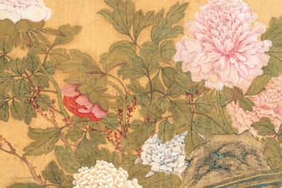 In the manner of Yun Shouping 惲壽平 (1633-1690): 'Pheasant and Peonies', ink and colour on silk