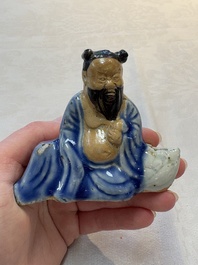 Two Chinese blue, white and celadon biscuit 'Shoulao' and 'Zhongli Quan' water droppers, Qianlong