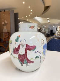A Chinese famille rose jar and cover with figural design, Yongzheng