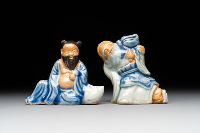 Two Chinese blue, white and celadon biscuit 'Shoulao' and 'Zhongli Quan' water droppers, Qianlong