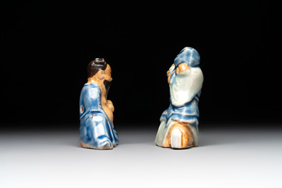 Two Chinese blue, white and celadon biscuit 'Shoulao' and 'Zhongli Quan' water droppers, Qianlong
