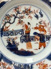 A Chinese Imari-style 'Lady and Boys' plate and a famille verte 'Lotus' plate, Kangxi/Yongzheng
