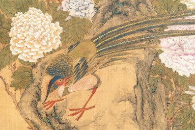 In the manner of Yun Shouping 惲壽平 (1633-1690): 'Pheasant and Peonies', ink and colour on silk