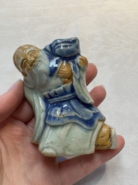 Two Chinese blue, white and celadon biscuit 'Shoulao' and 'Zhongli Quan' water droppers, Qianlong