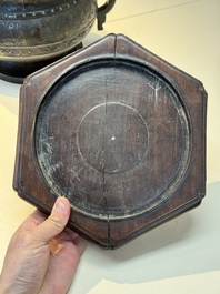 A Chinese archaistic bronze censer with 'Chilong' and 'Lingzhi' handles on wooden stand, Zhou Wang Bo Zuo Bao Ding 周王伯作寶鼎 mark, Yuan/Ming