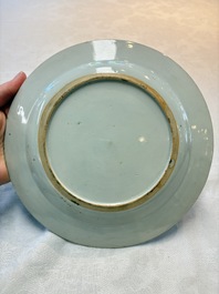 A Chinese Imari-style 'Lady and Boys' plate and a famille verte 'Lotus' plate, Kangxi/Yongzheng