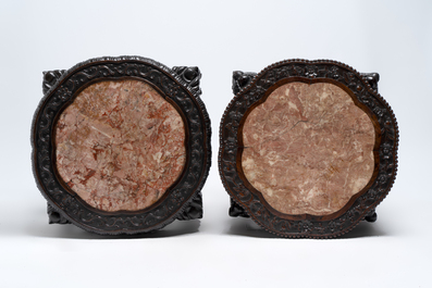 Two Chinese marble-topped hongmu two-tier stands, 19/20th C.