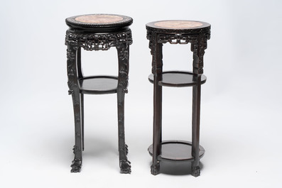 Two Chinese homgmu two-tier stands with marble top and a wooden square stand, 19/20th C.