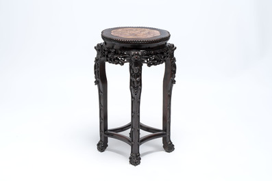 Three Chinese marble-topped hongmu stands, 20th C.