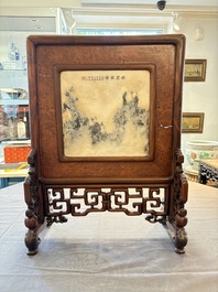 A Chinese 'dream stone' and hongmu table screen, 19/20th C.