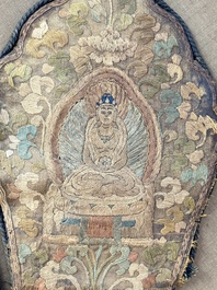 A framed Tibetan silk-embroidered four-leaf ritual crown with Transcendent Buddhas, 18th C.