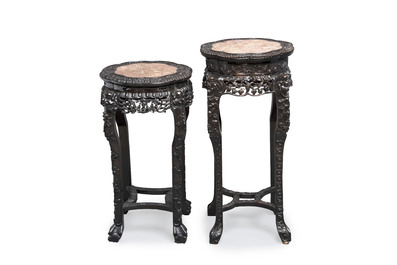Two Chinese hongmu stands with marble top, Canton, 19th C.
