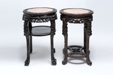 Two Chinese marble-topped hongmu two-tier stands, 19/20th C.