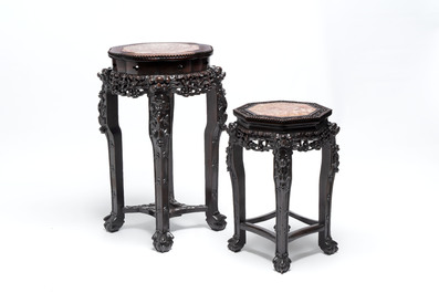 Two Chinese marble-topped hongmu stands, 19th C.
