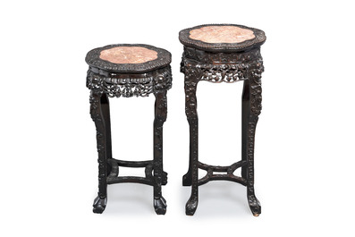 Two Chinese hongmu stands with marble top, Canton, 19th C.