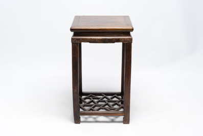 Two Chinese homgmu two-tier stands with marble top and a wooden square stand, 19/20th C.