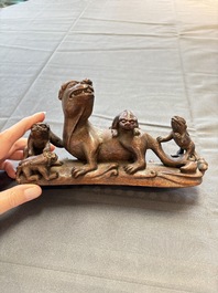 Five various Chinese wooden carvings and a censer, 19/20th C.
