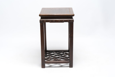 Two Chinese homgmu two-tier stands with marble top and a wooden square stand, 19/20th C.