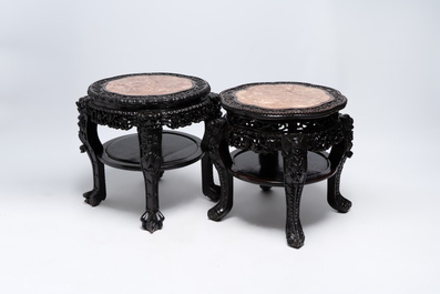 Two Chinese marble-topped hongmu two-tier stands, 19/20th C.