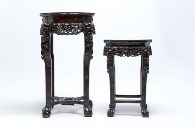 Two Chinese marble-topped hongmu stands, 19th C.