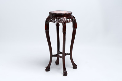 Three Chinese hongmu stands with marble top, 20th C.