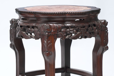 Three Chinese marble-topped hongmu stands, 20th C.