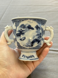 A varied collection of eight Chinese blue and white vases, two teapots and two loving cups, Kangxi/Qianlong