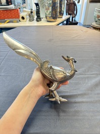 A fine Japanese silver phoenix, made by Toshihiko 敏彥造, silver 銀製 mark, Meiji/Taisho, 19/20th C.